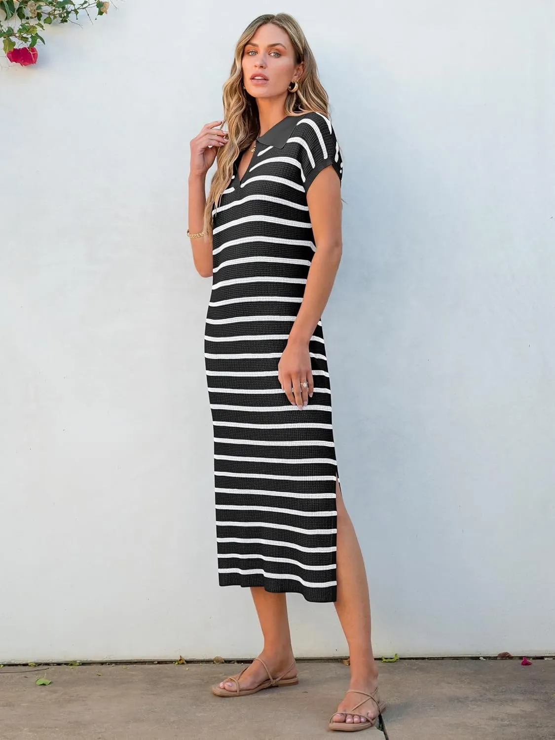 ANRABESS Women's Summer Striped Midi Dress 2025 Casual Short Sleeve V Neck Loose Knitted Side Slit Long Beach Dresses