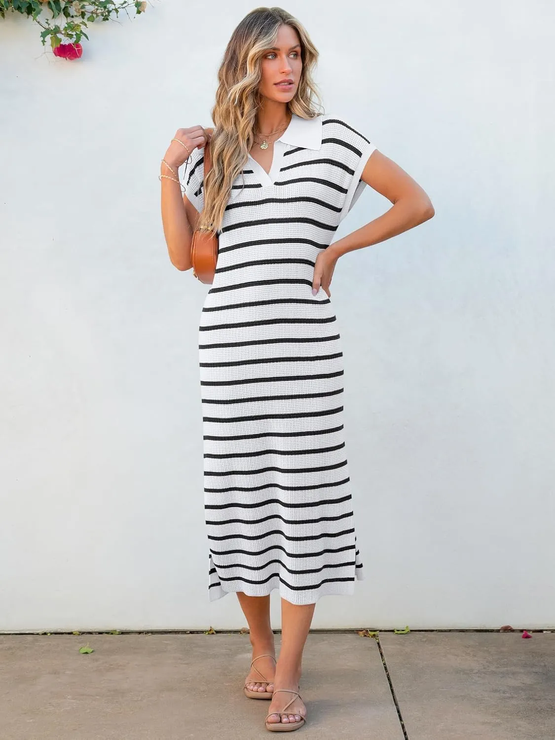ANRABESS Women's Summer Striped Midi Dress 2025 Casual Short Sleeve V Neck Loose Knitted Side Slit Long Beach Dresses