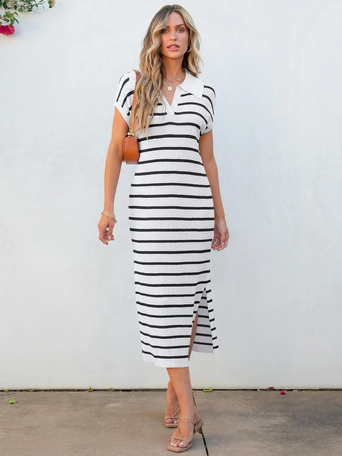 ANRABESS Women's Summer Striped Midi Dress 2025 Casual Short Sleeve V Neck Loose Knitted Side Slit Long Beach Dresses