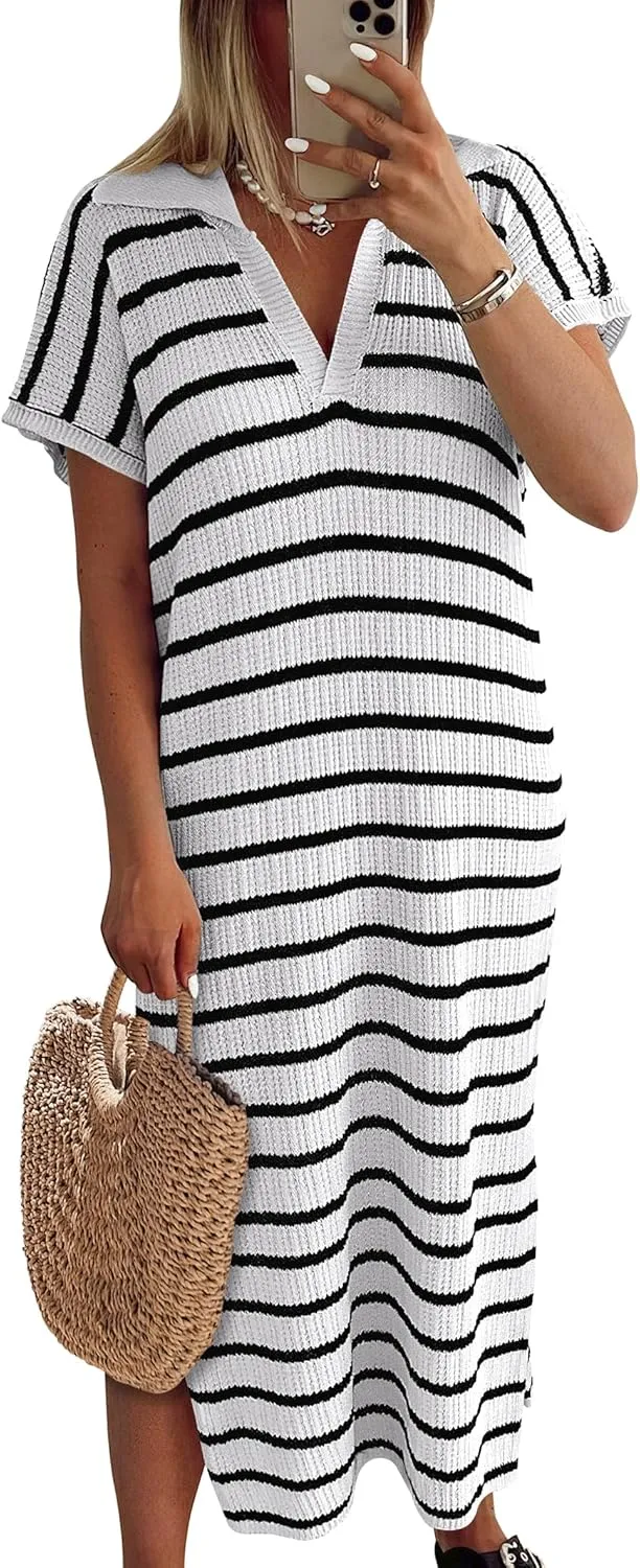 ANRABESS Women's Summer Striped Midi Dress 2025 Casual Short Sleeve V Neck Loose Knitted Side Slit Long Beach Dresses