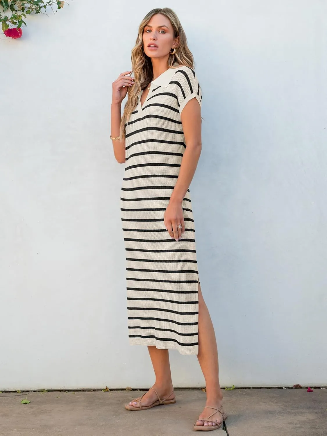 ANRABESS Women's Summer Striped Midi Dress 2025 Casual Short Sleeve V Neck Loose Knitted Side Slit Long Beach Dresses