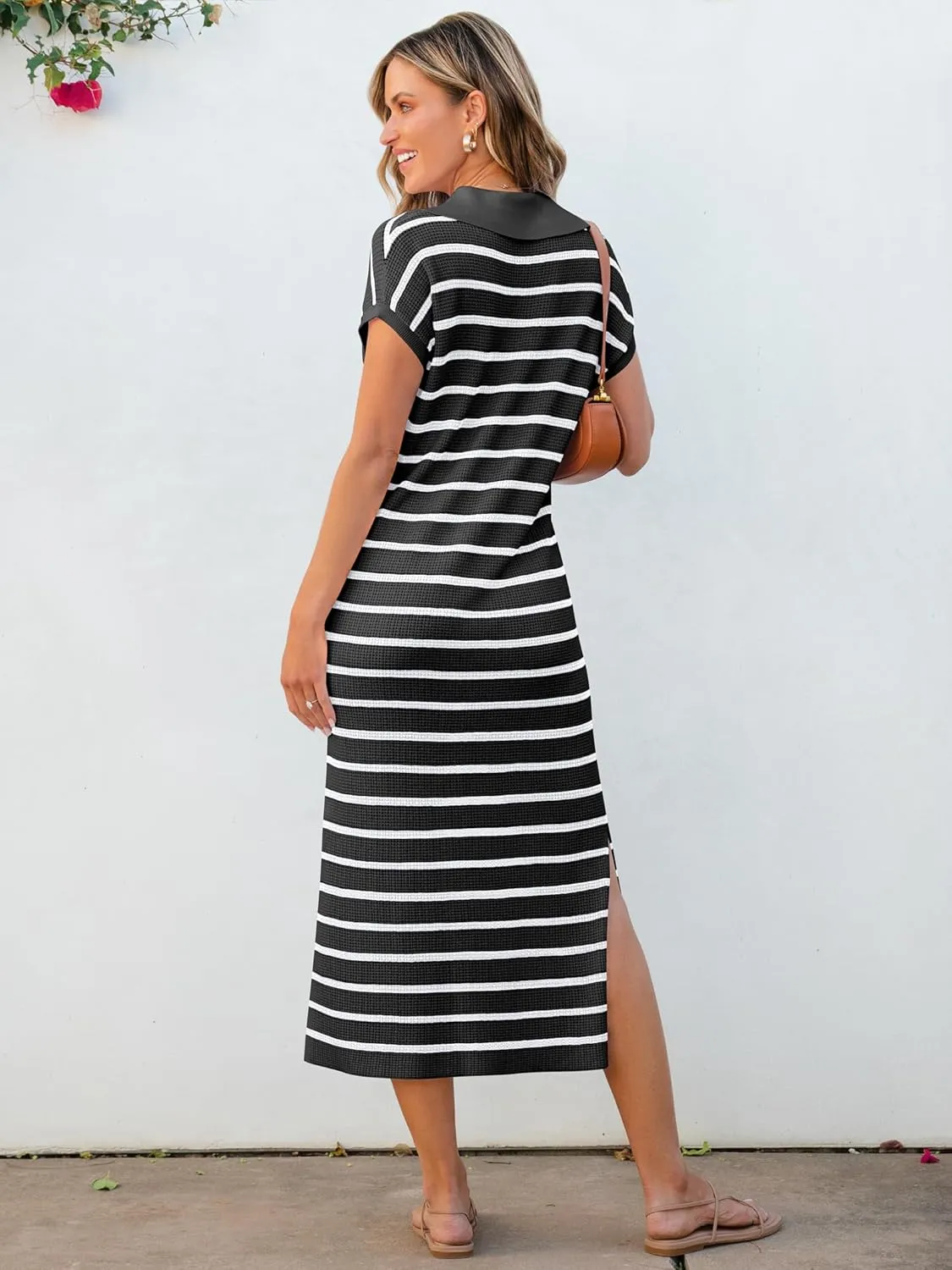 ANRABESS Women's Summer Striped Midi Dress 2025 Casual Short Sleeve V Neck Loose Knitted Side Slit Long Beach Dresses