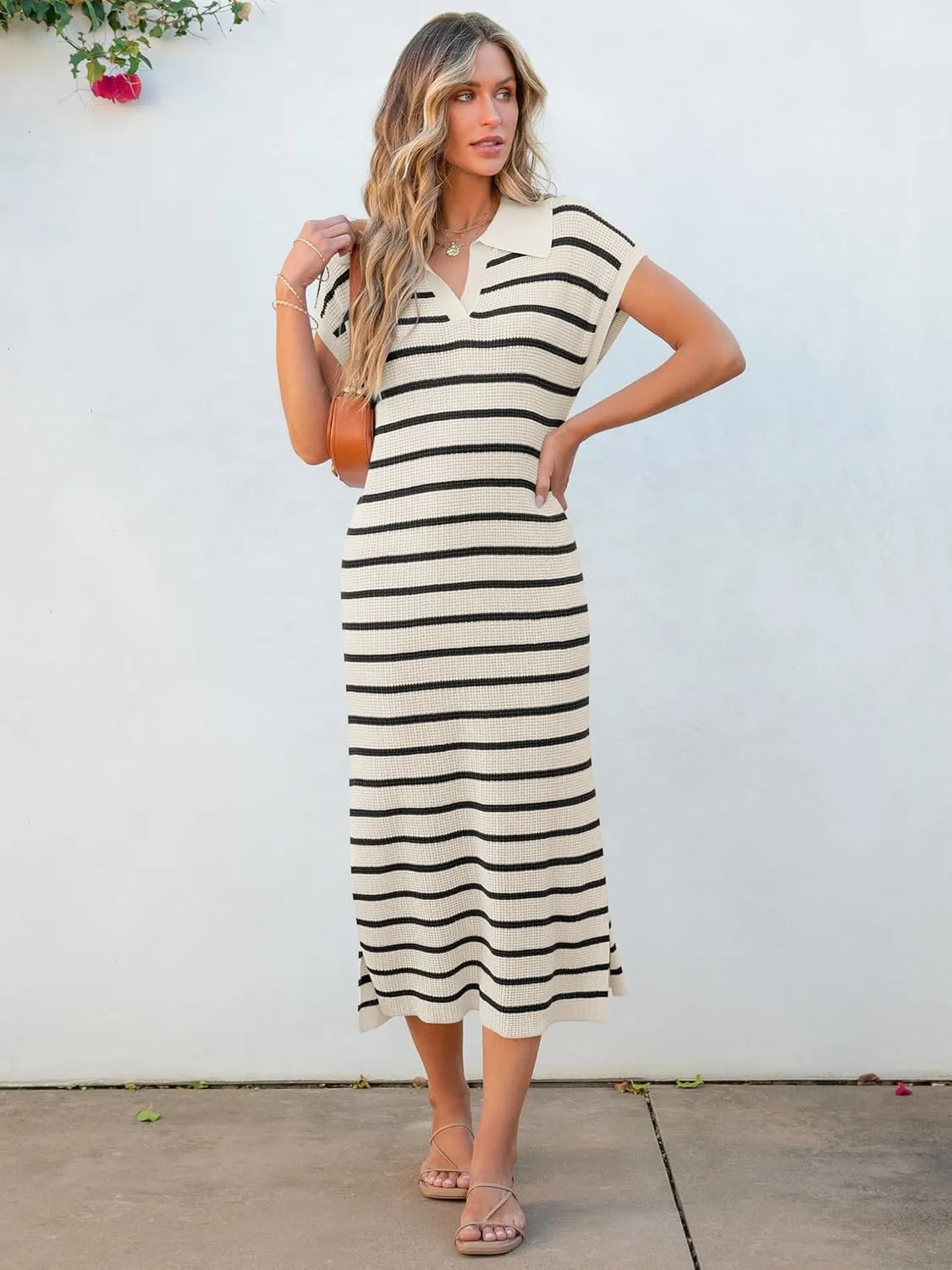 ANRABESS Women's Summer Striped Midi Dress 2025 Casual Short Sleeve V Neck Loose Knitted Side Slit Long Beach Dresses