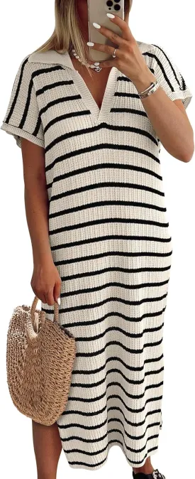 ANRABESS Women's Summer Striped Midi Dress 2025 Casual Short Sleeve V Neck Loose Knitted Side Slit Long Beach Dresses