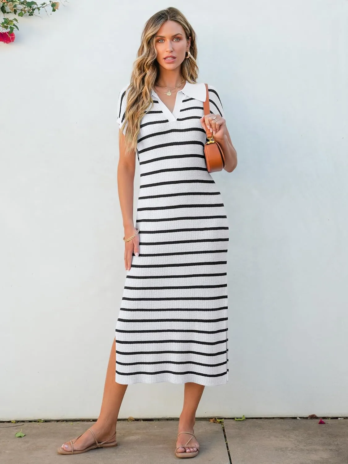 ANRABESS Women's Summer Striped Midi Dress 2025 Casual Short Sleeve V Neck Loose Knitted Side Slit Long Beach Dresses