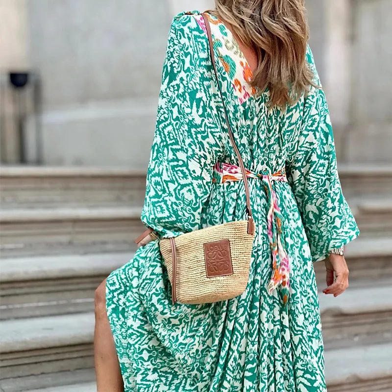 Autumn New Women's Fashion Casual V-Neck Long Sleeve Midi Length Printed Dress
