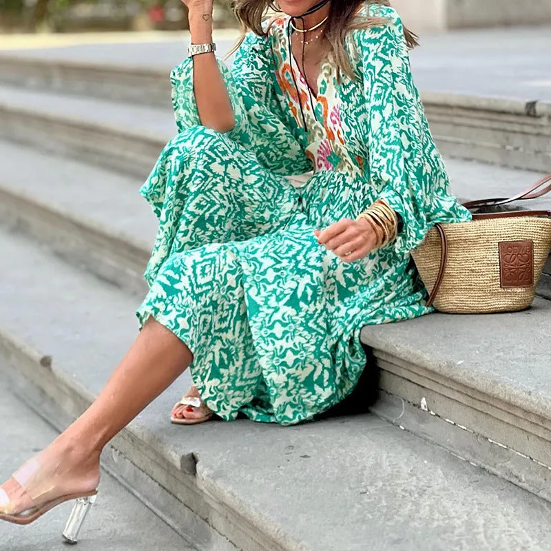 Autumn New Women's Fashion Casual V-Neck Long Sleeve Midi Length Printed Dress