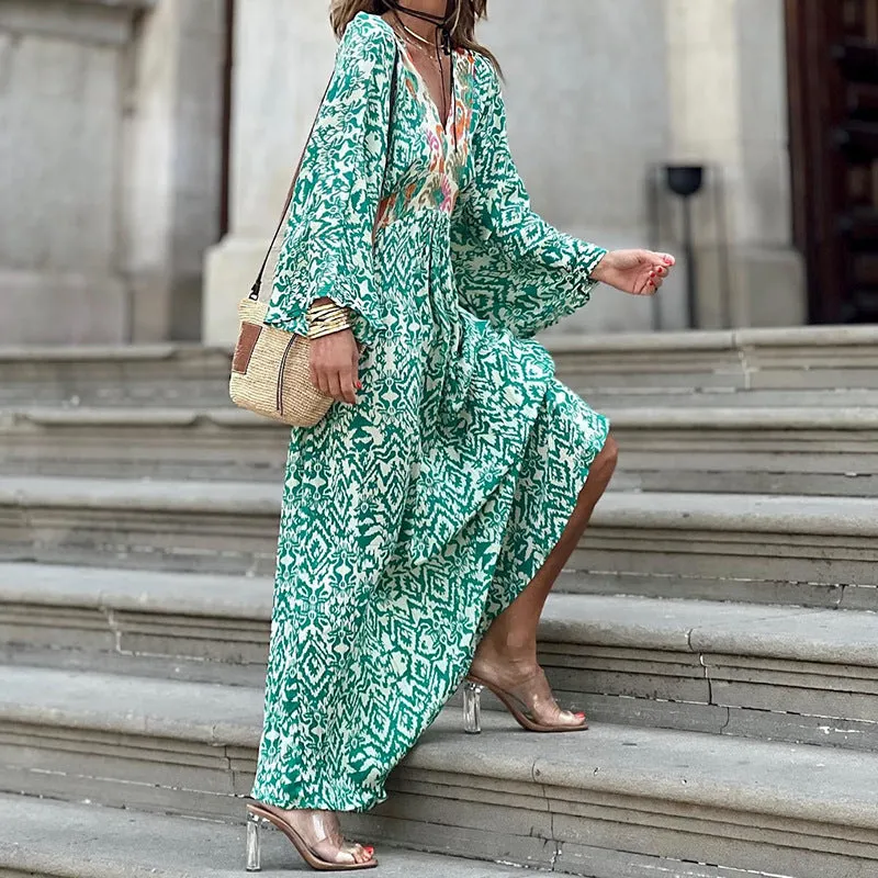 Autumn New Women's Fashion Casual V-Neck Long Sleeve Midi Length Printed Dress
