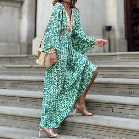 Autumn New Women's Fashion Casual V-Neck Long Sleeve Midi Length Printed Dress