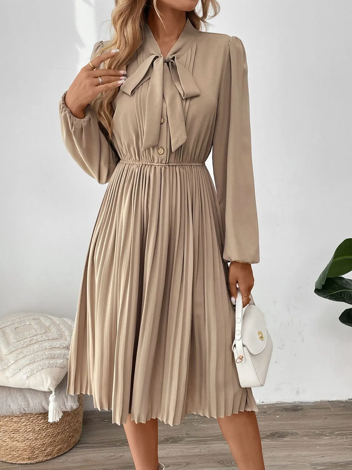 Beige Pleated Tie Neck Long Sleeve Dress | Casual Dress | Fall Fashion