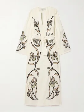 Belted appliquéd cotton-trimmed linen kaftan