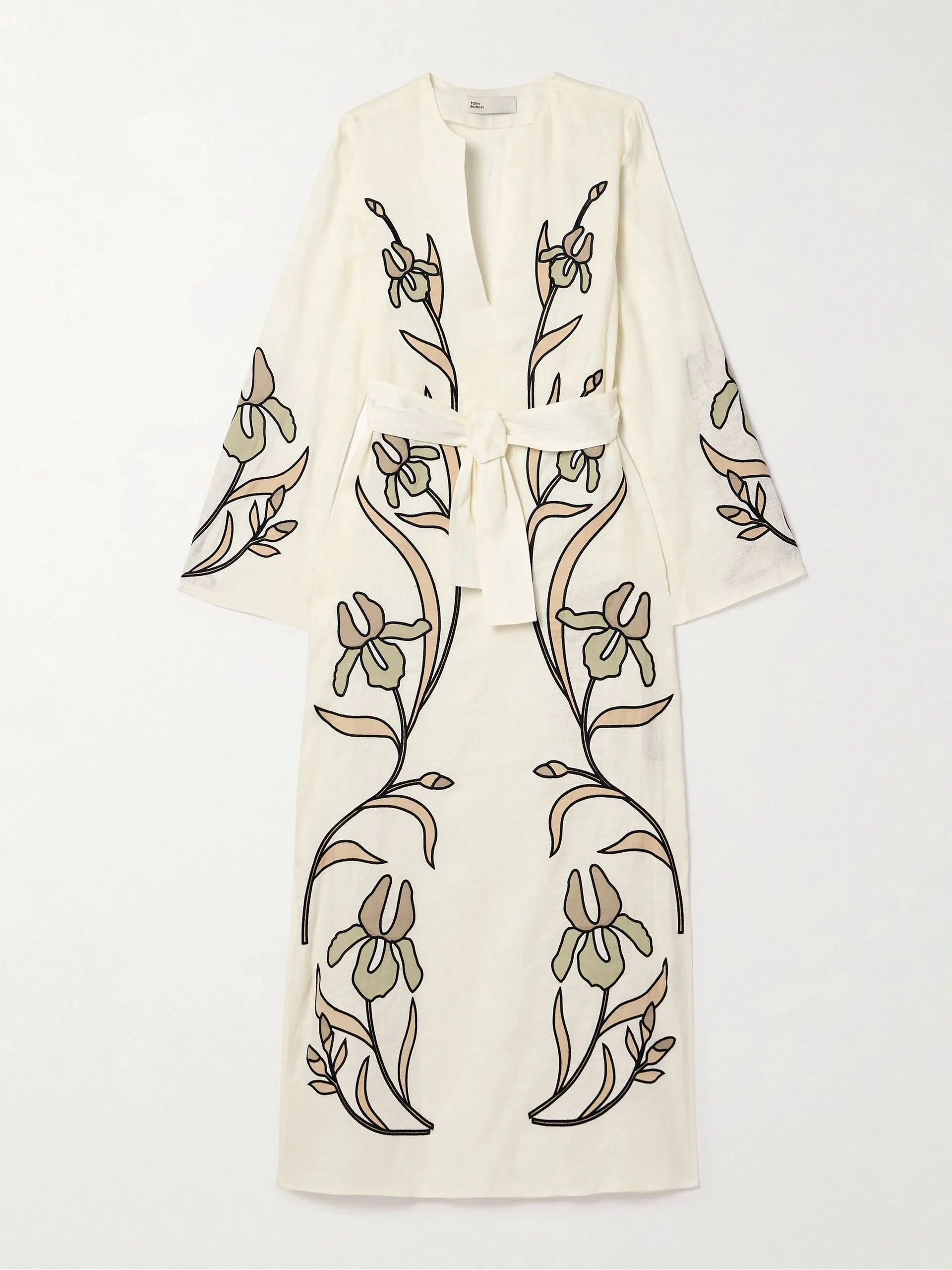 Belted appliquéd cotton-trimmed linen kaftan