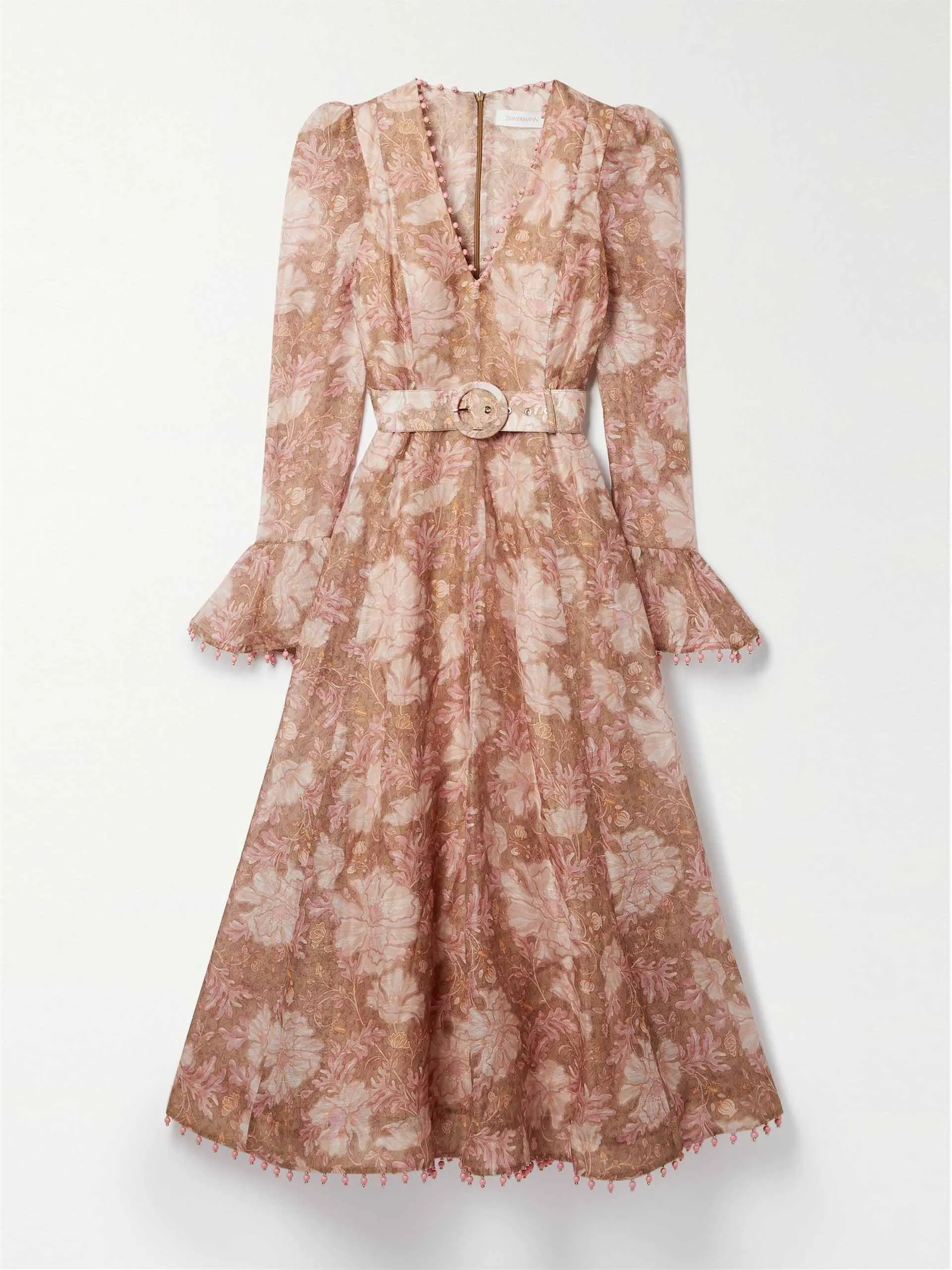 belted embellished floral-print midi dress