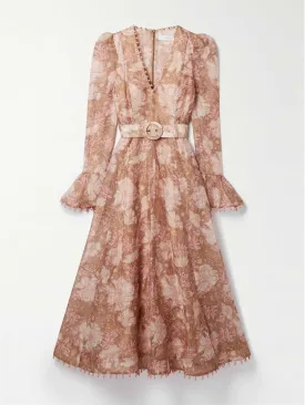 belted embellished floral-print midi dress