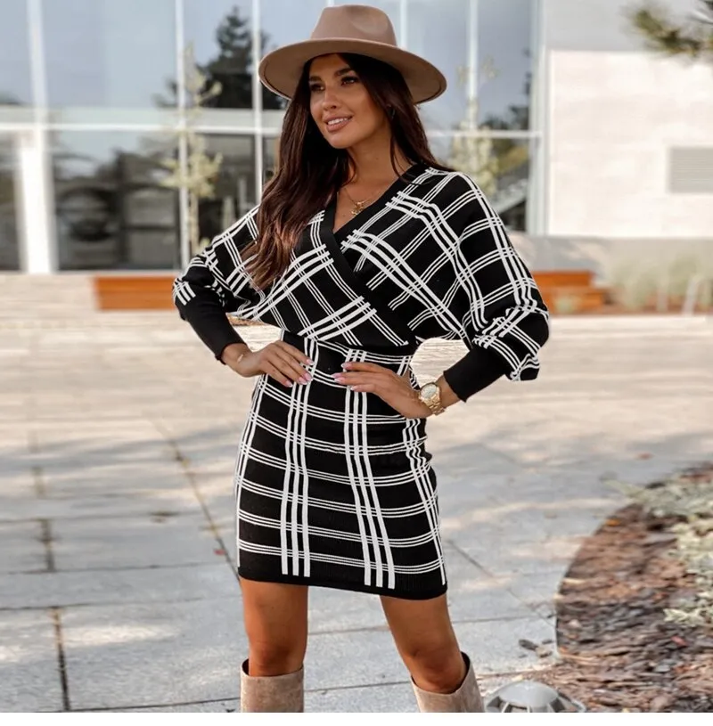 BerriesJam - 2024 Vintage Plaid Knitted V Neck Short Sweater Dress
