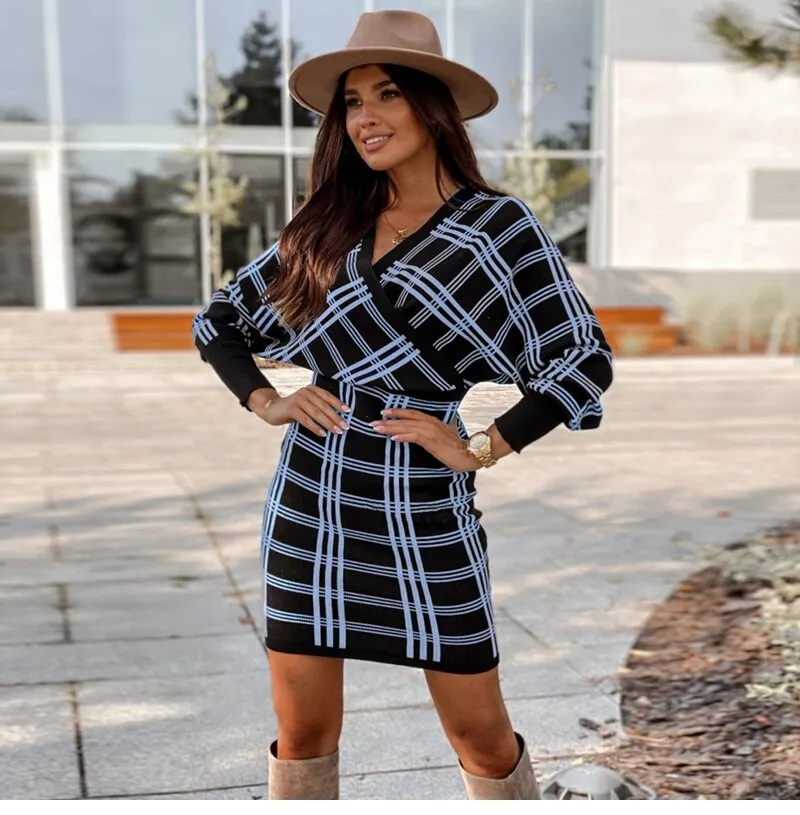 BerriesJam - 2024 Vintage Plaid Knitted V Neck Short Sweater Dress
