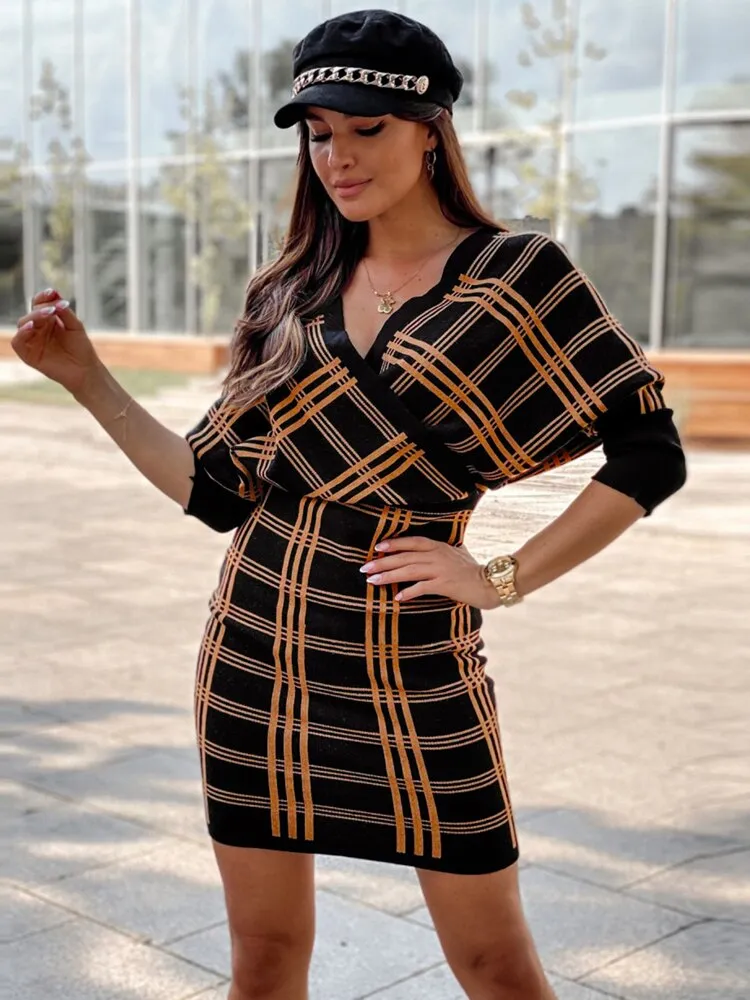 BerriesJam - 2024 Vintage Plaid Knitted V Neck Short Sweater Dress