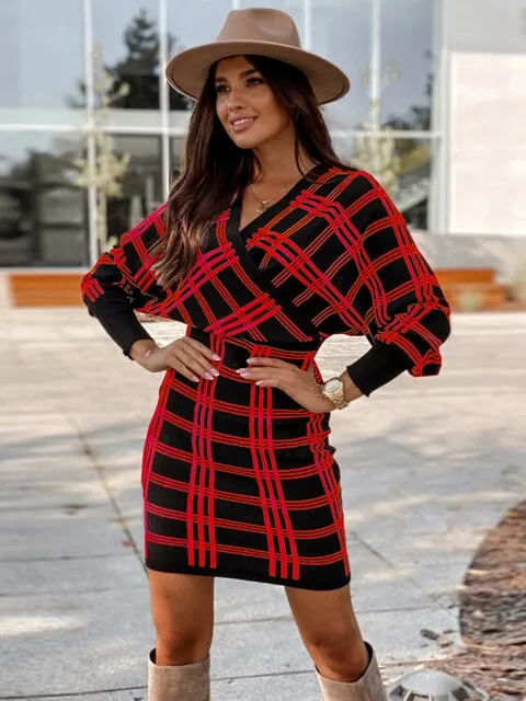 BerriesJam - 2024 Vintage Plaid Knitted V Neck Short Sweater Dress