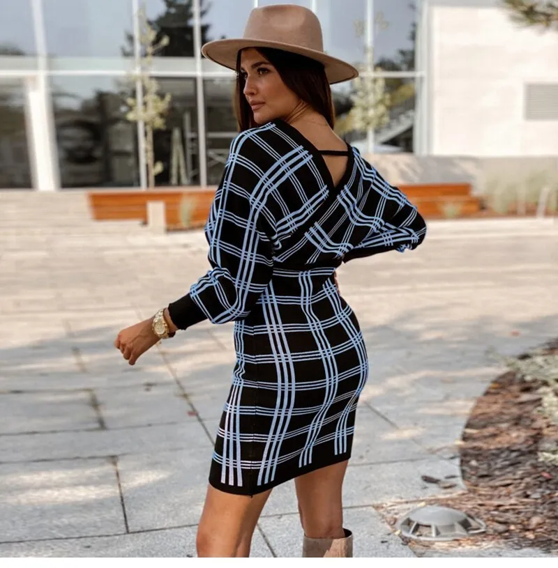 BerriesJam - 2024 Vintage Plaid Knitted V Neck Short Sweater Dress