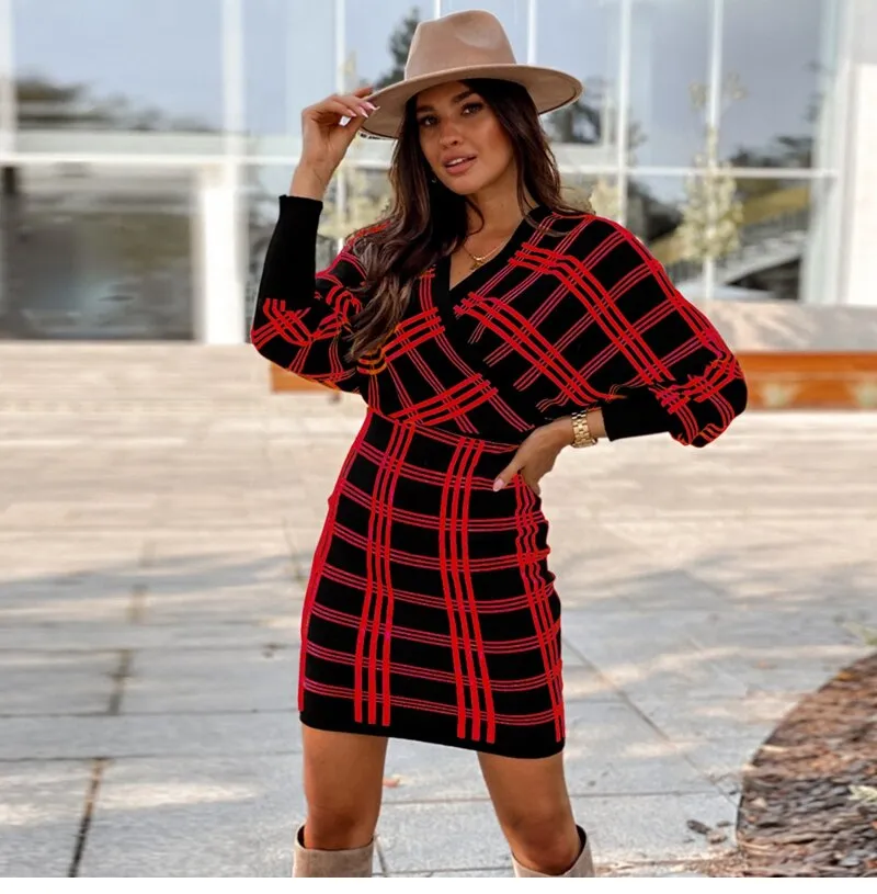 BerriesJam - 2024 Vintage Plaid Knitted V Neck Short Sweater Dress