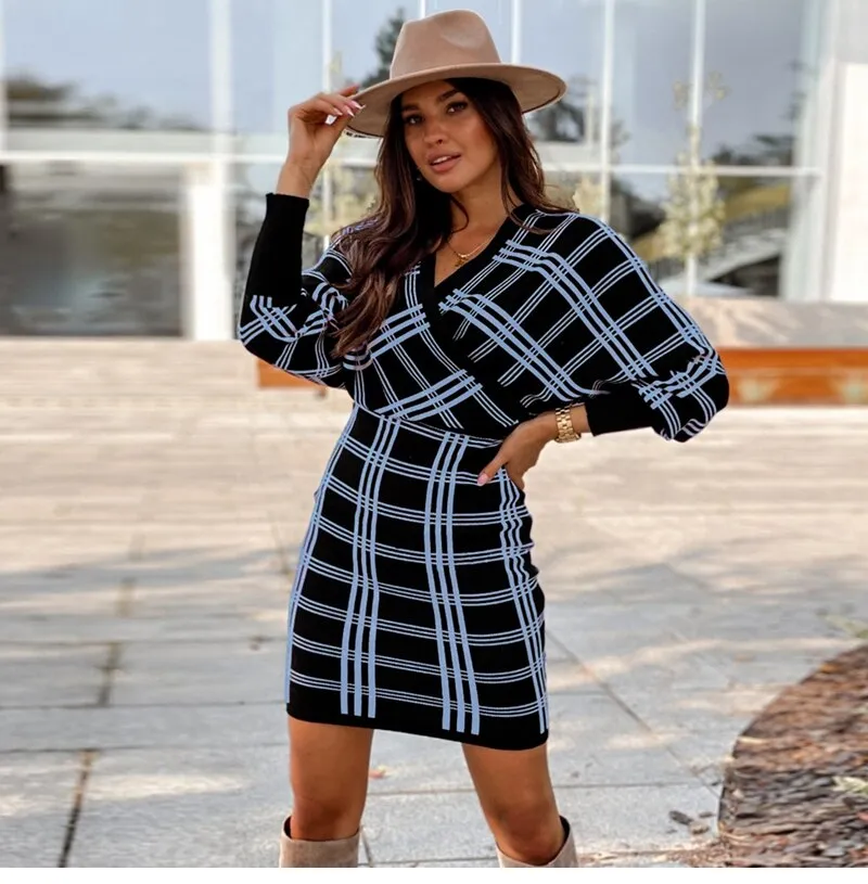 BerriesJam - 2024 Vintage Plaid Knitted V Neck Short Sweater Dress
