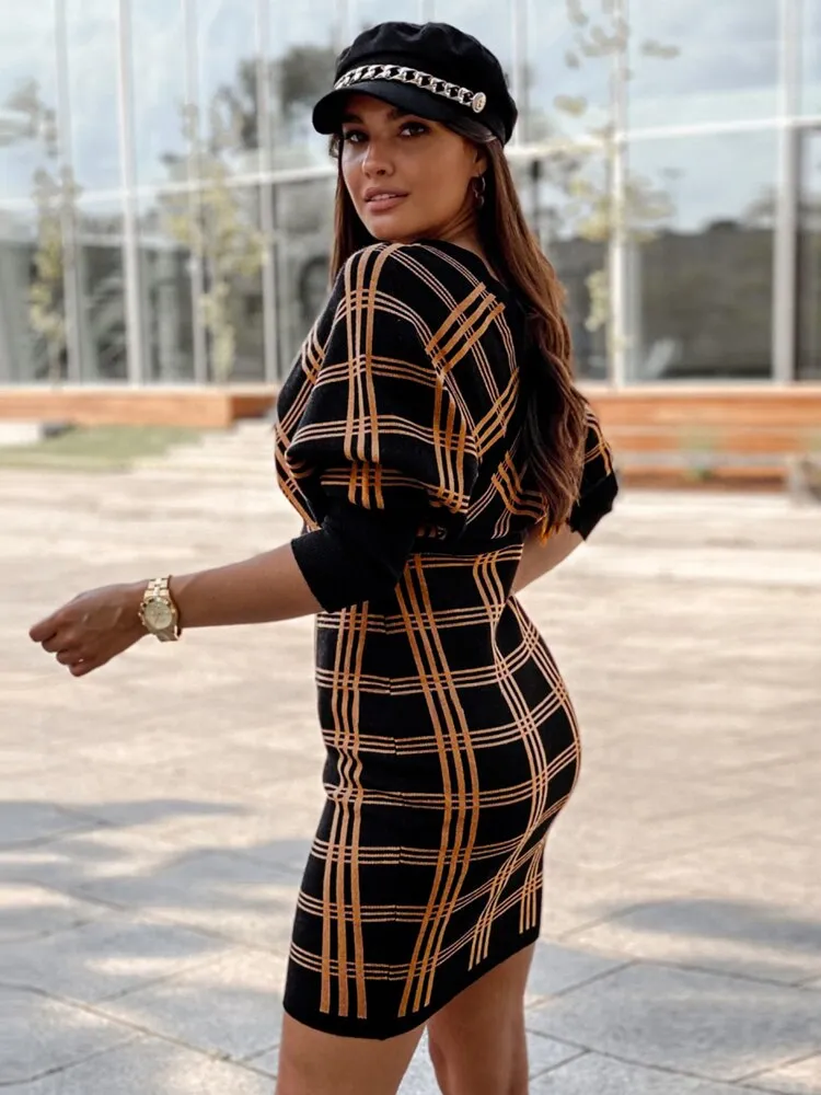 BerriesJam - 2024 Vintage Plaid Knitted V Neck Short Sweater Dress