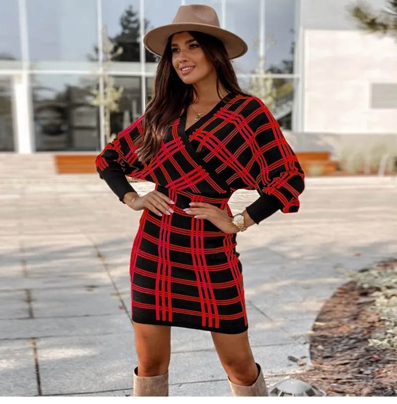 BerriesJam - 2024 Vintage Plaid Knitted V Neck Short Sweater Dress