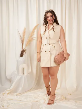 Berrylush Women Plus Size Solid Beige V-Neck Cotton Button-Up Straight Hem Mini Blazer Dress