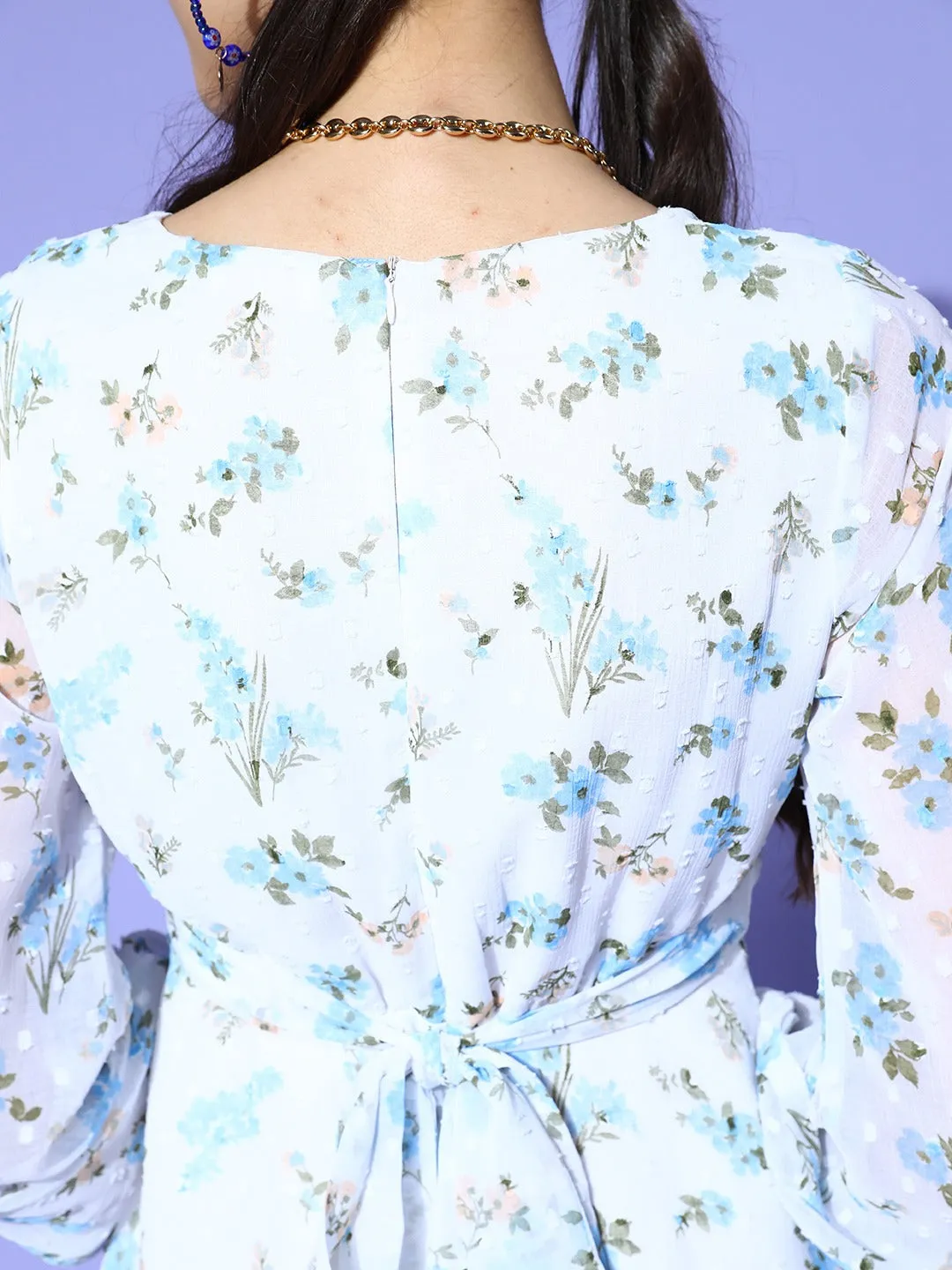 Berrylush Women White & Blue Floral Printed V-Neck Waist Tie-Up Chiffon Fit & Flare Mini Dress
