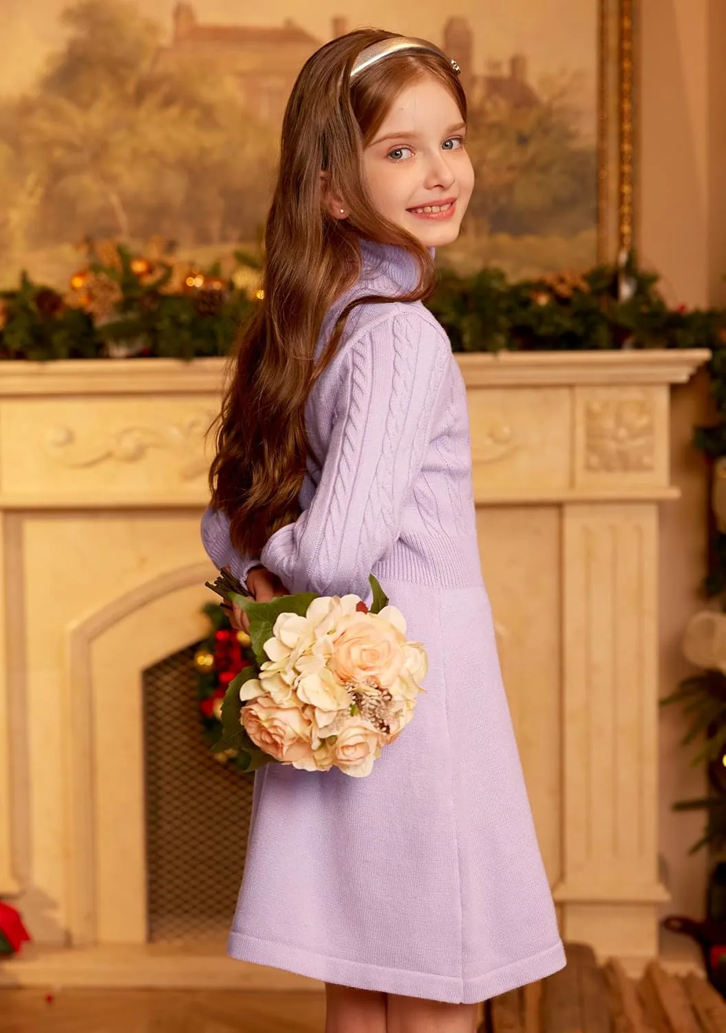 BesserBay Girls Long Sleeve Cable Knitted Sweater Dress Fall Turtleneck Pullover Midi Dress Size 5-14 Years