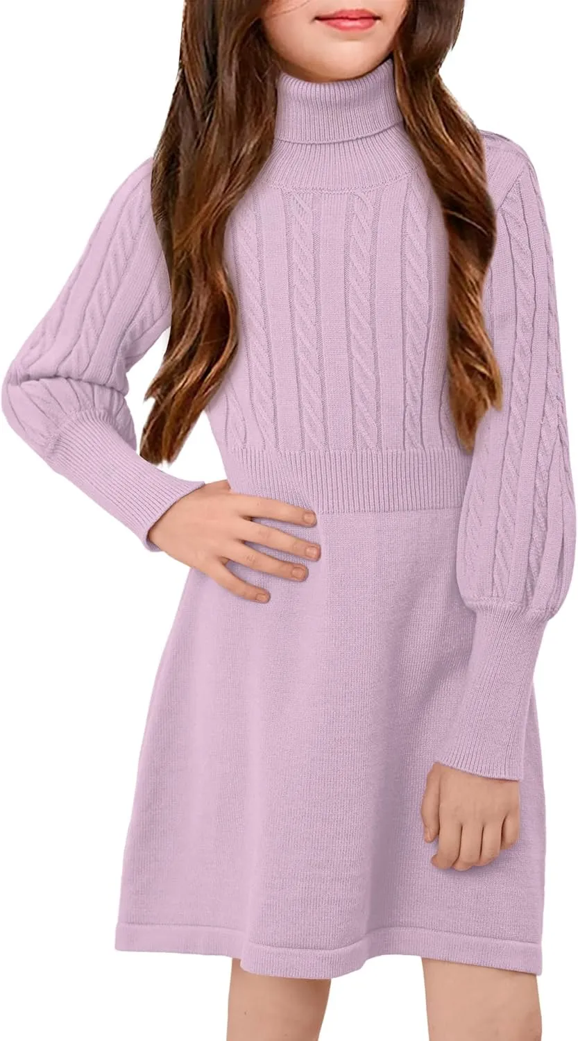 BesserBay Girls Long Sleeve Cable Knitted Sweater Dress Fall Turtleneck Pullover Midi Dress Size 5-14 Years