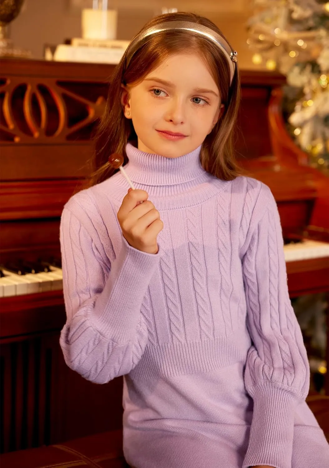 BesserBay Girls Long Sleeve Cable Knitted Sweater Dress Fall Turtleneck Pullover Midi Dress Size 5-14 Years