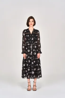 Black Embroidered Tie-waist Dress