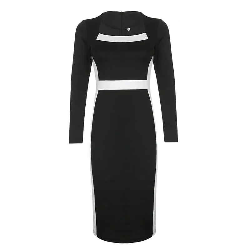 Black Stripe Patchwork Midi-Long-Sleeve Dress