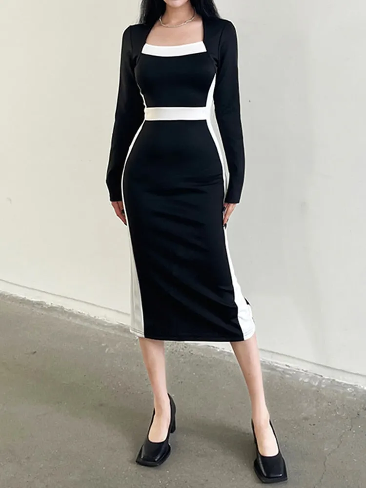 Black Stripe Patchwork Midi-Long-Sleeve Dress