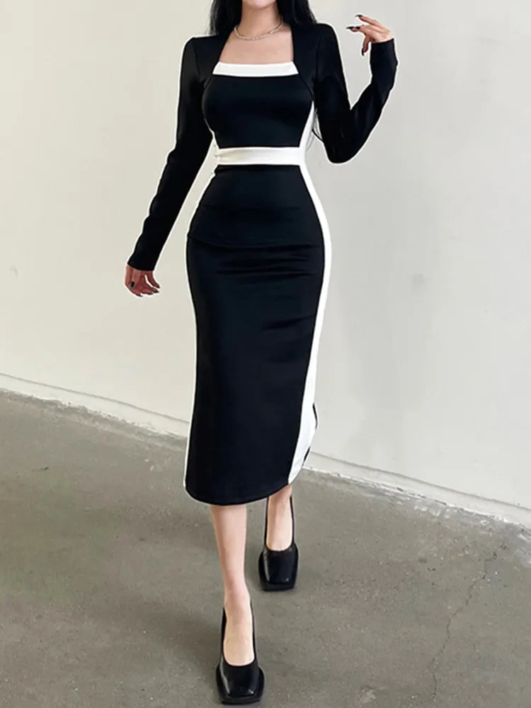 Black Stripe Patchwork Midi-Long-Sleeve Dress