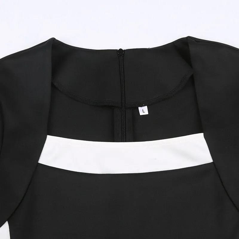 Black Stripe Patchwork Midi-Long-Sleeve Dress