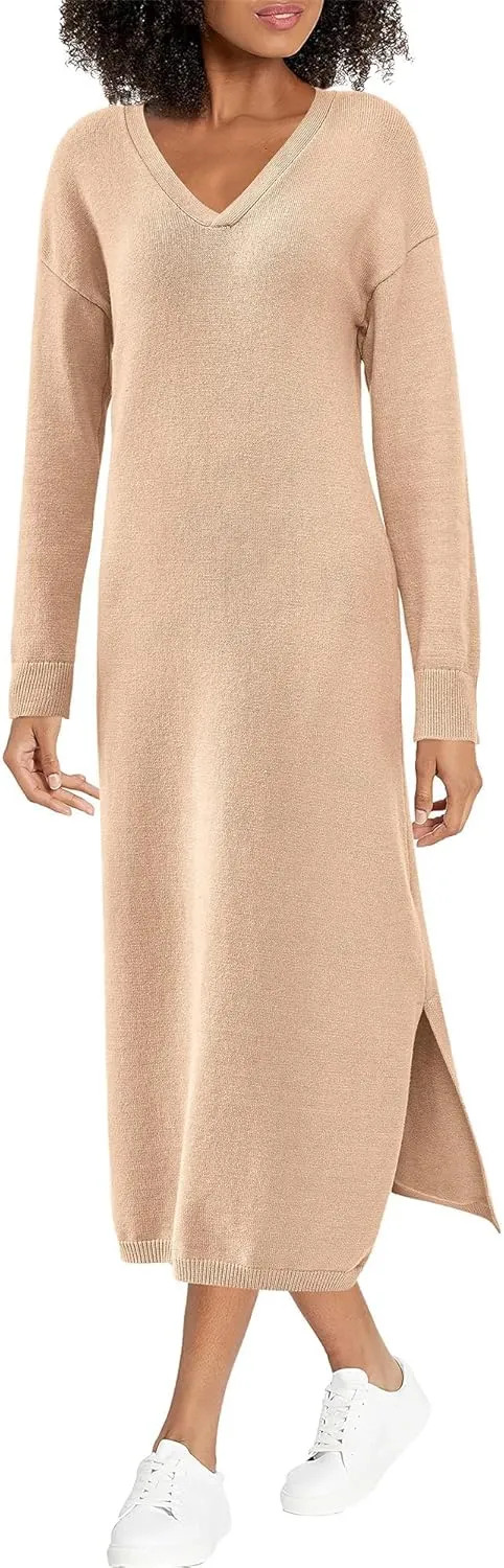 BTFBM Women Fall Sweater Dress Casual V Neck Long Sleeve Slit Knit Oversized Maternity Sweaters Maxi Dresses 2025 Winter