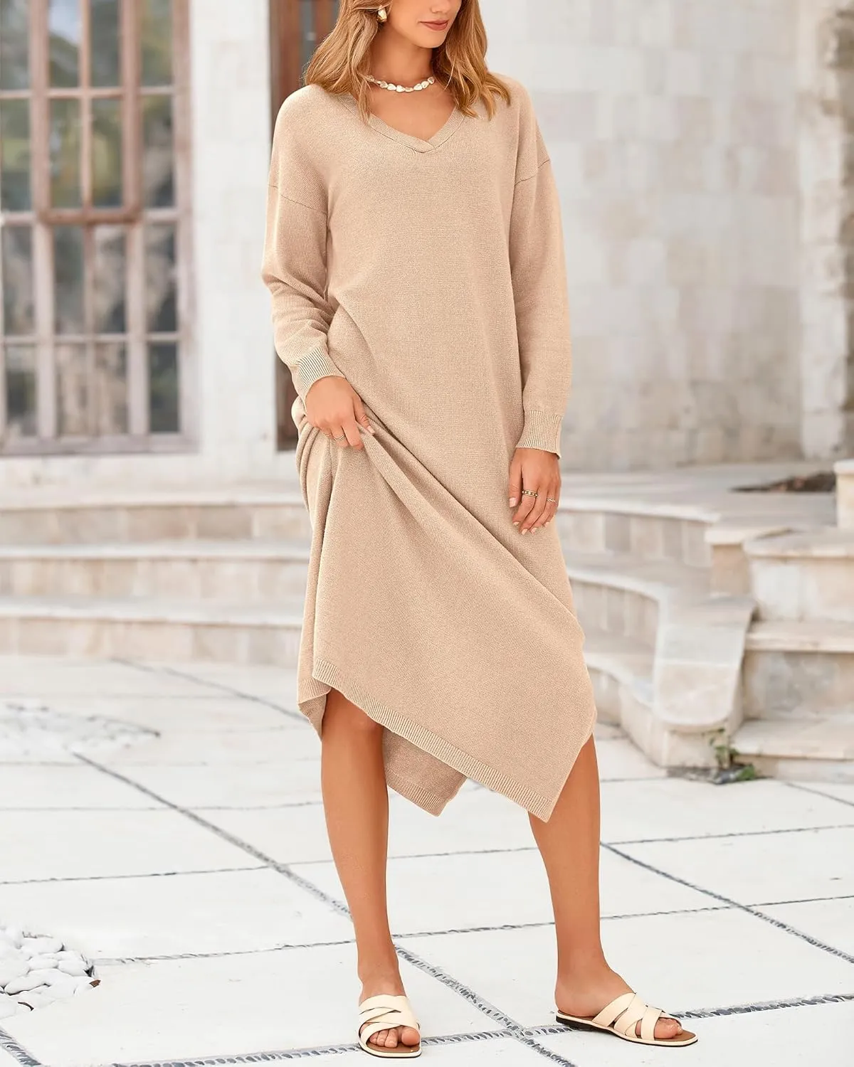 BTFBM Women Fall Sweater Dress Casual V Neck Long Sleeve Slit Knit Oversized Maternity Sweaters Maxi Dresses 2025 Winter