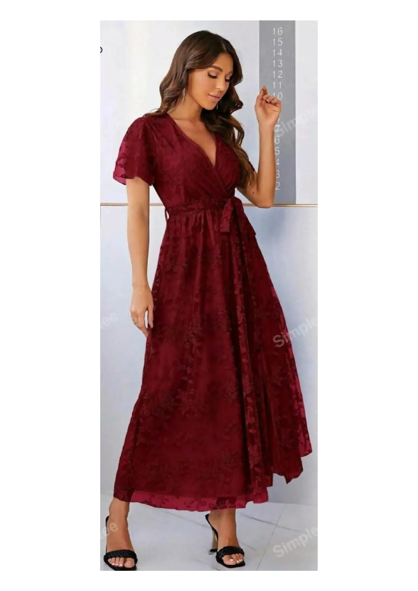 Burgundy Belted Lace Bridesmaid Dress