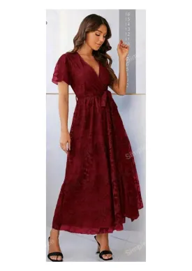 Burgundy Belted Lace Bridesmaid Dress