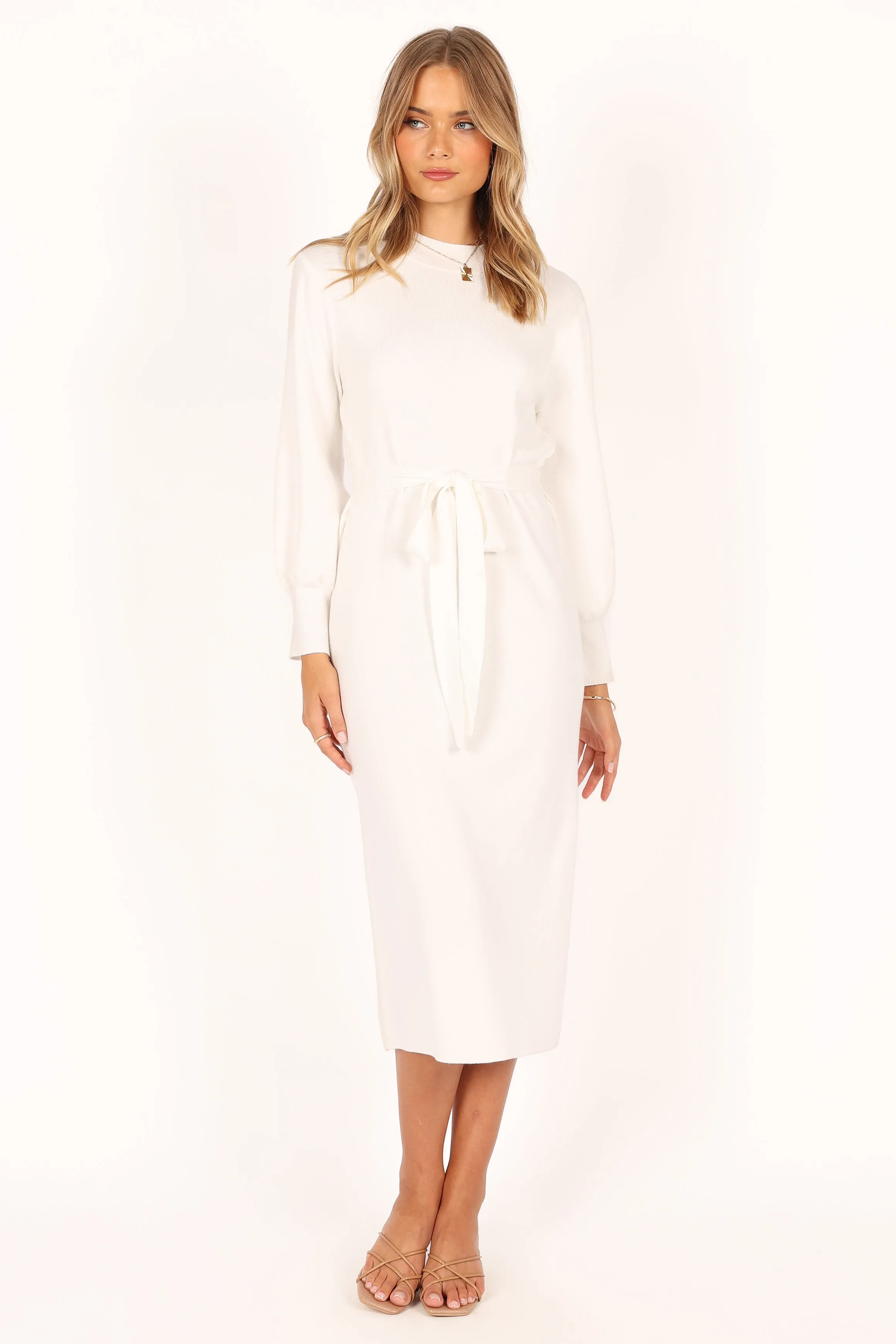 Carina Long Sleeve Midi Knit Dress - Cream