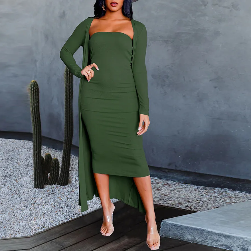 Casual Knit Cardigan & Tube Dress Long-Sleeved Solid Color Wholesale Womens 2 Piece Sets