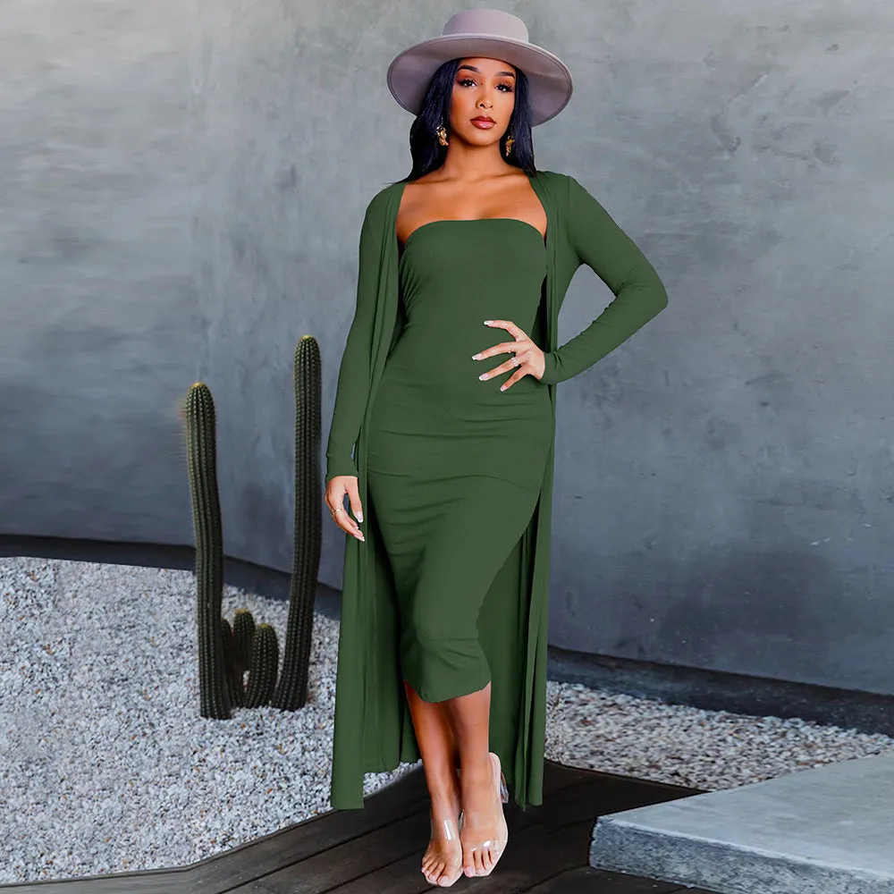Casual Knit Cardigan & Tube Dress Long-Sleeved Solid Color Wholesale Womens 2 Piece Sets