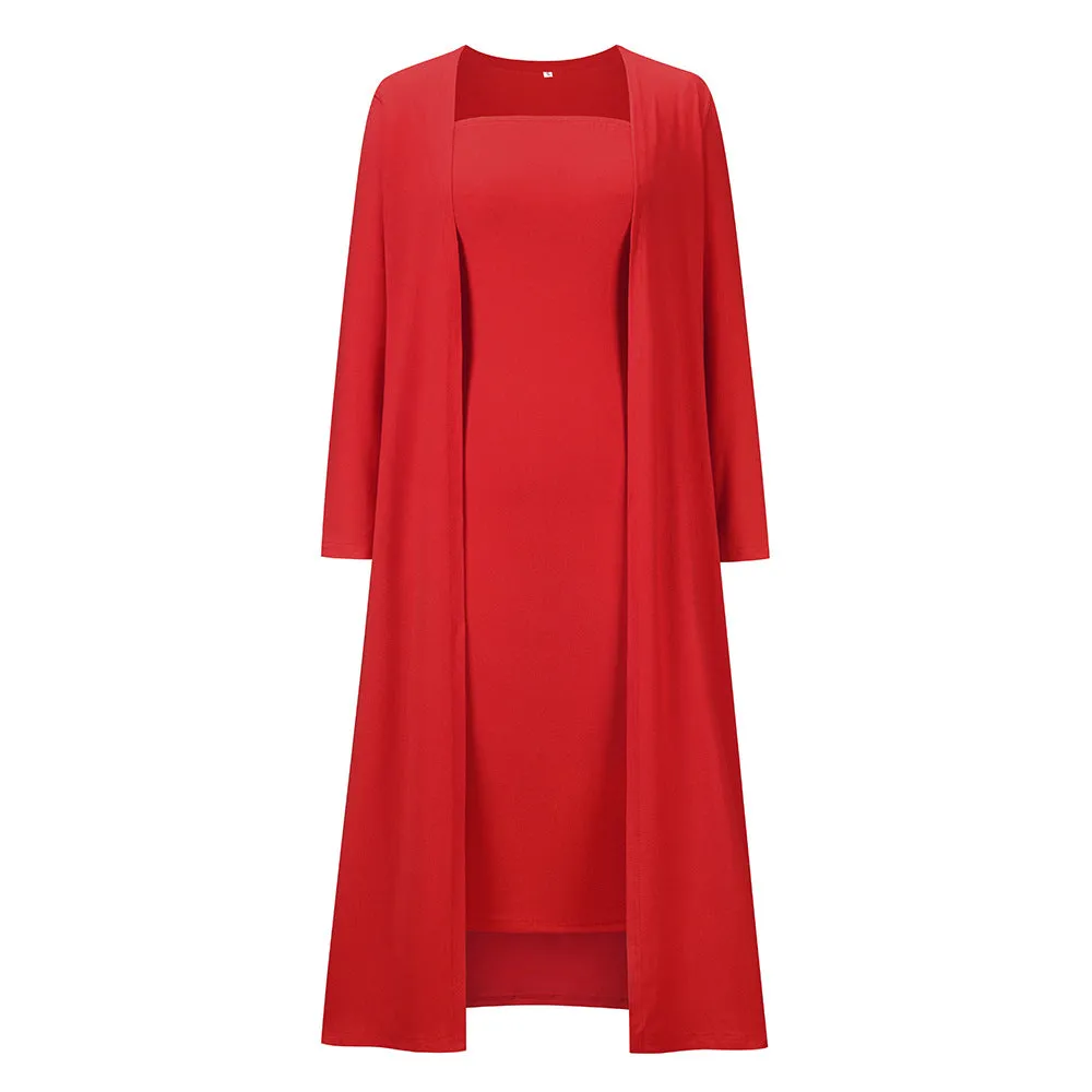 Casual Knit Cardigan & Tube Dress Long-Sleeved Solid Color Wholesale Womens 2 Piece Sets