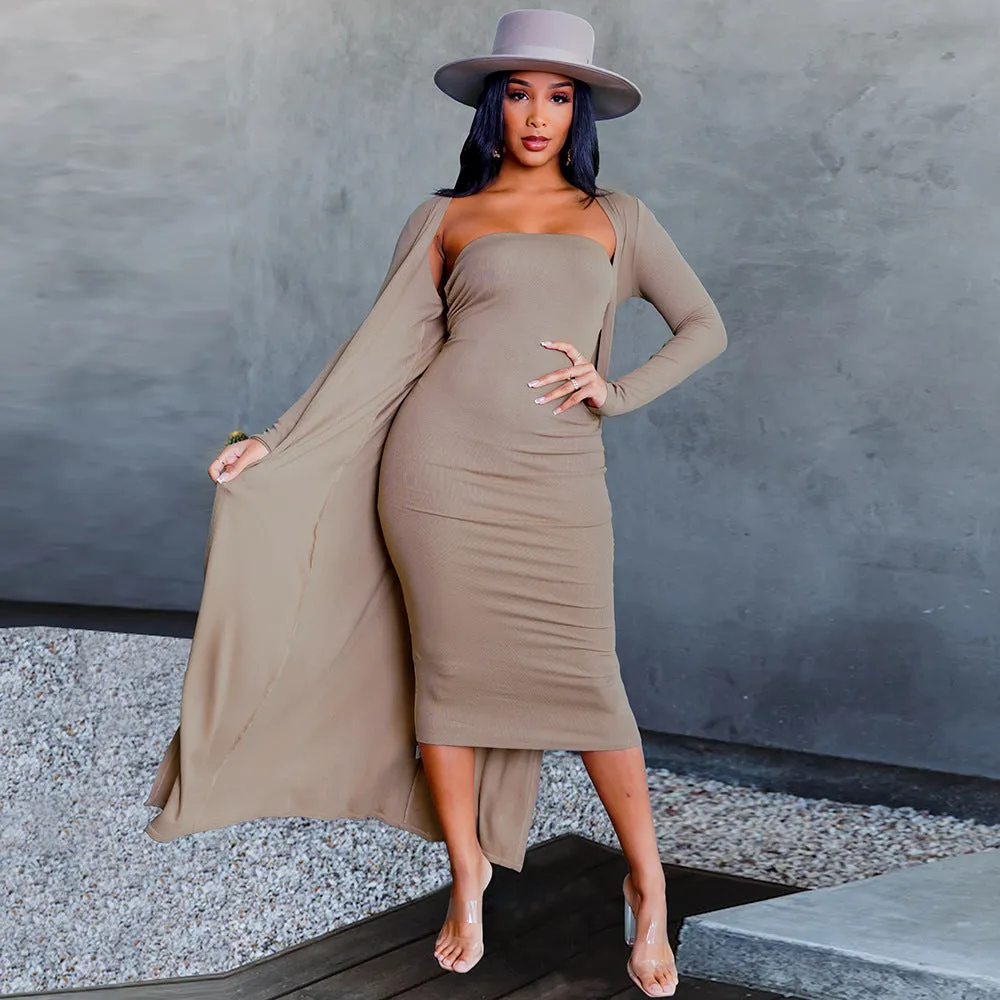 Casual Knit Cardigan & Tube Dress Long-Sleeved Solid Color Wholesale Womens 2 Piece Sets