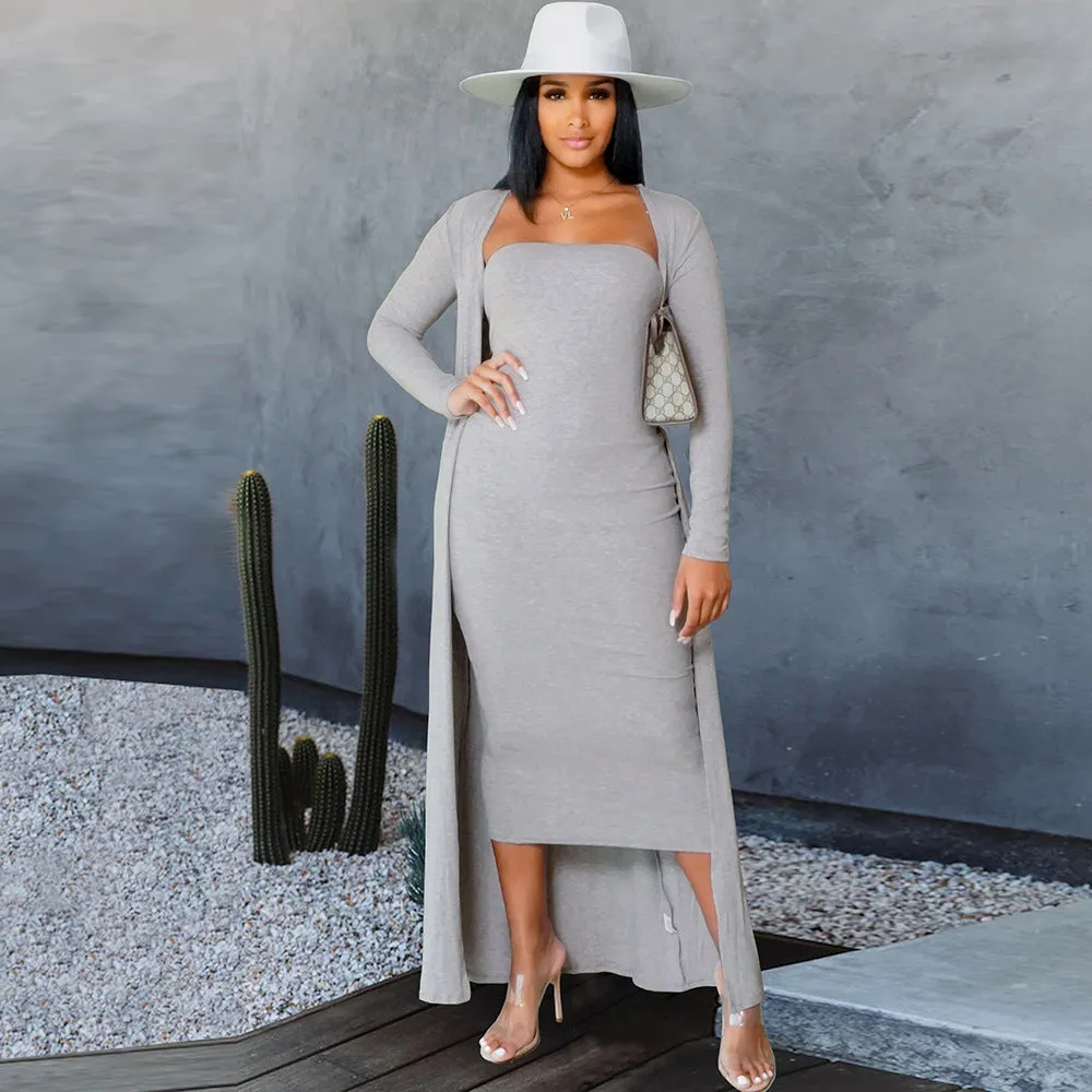 Casual Knit Cardigan & Tube Dress Long-Sleeved Solid Color Wholesale Womens 2 Piece Sets