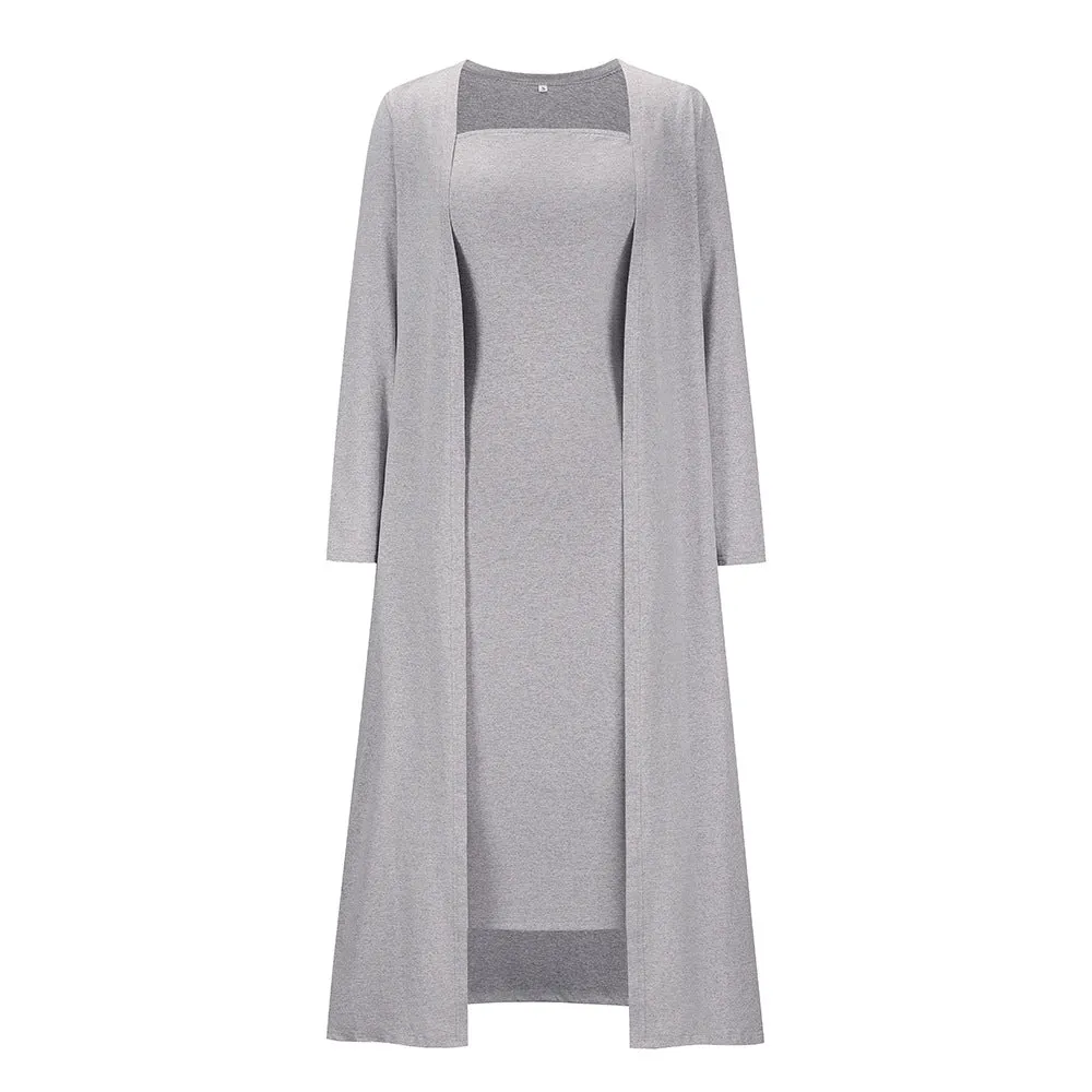 Casual Knit Cardigan & Tube Dress Long-Sleeved Solid Color Wholesale Womens 2 Piece Sets