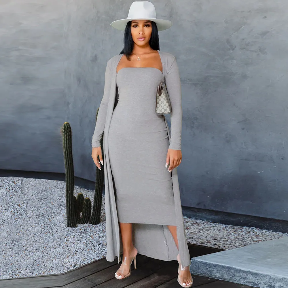 Casual Knit Cardigan & Tube Dress Long-Sleeved Solid Color Wholesale Womens 2 Piece Sets