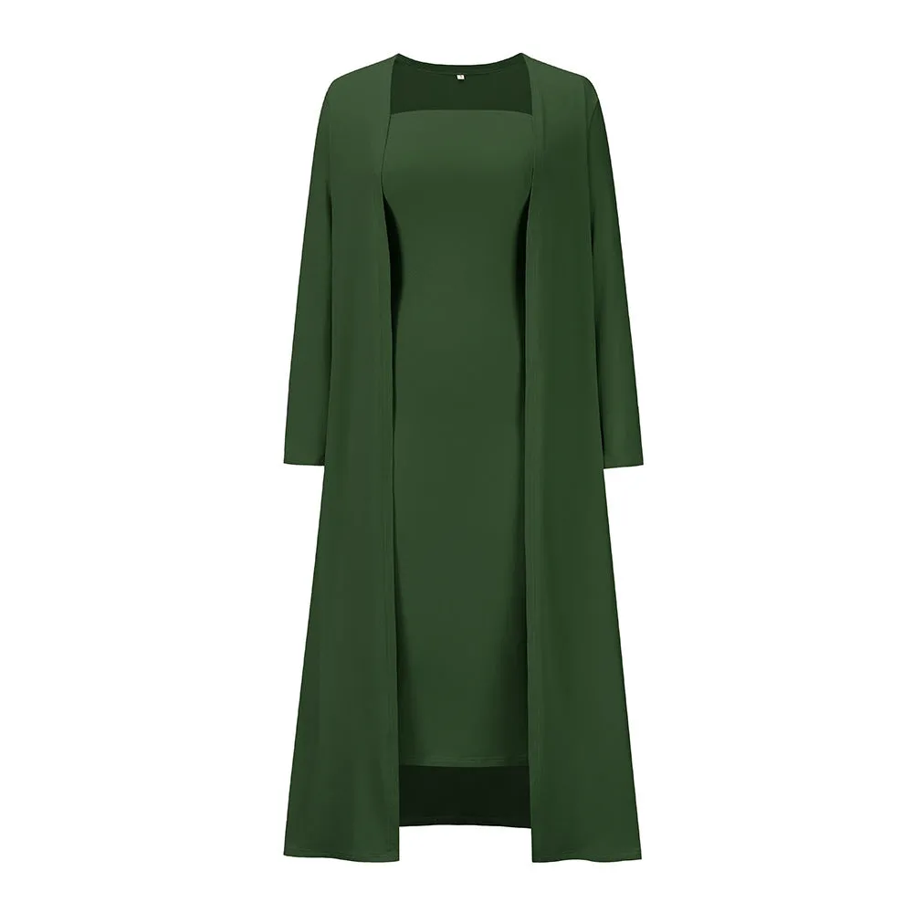 Casual Knit Cardigan & Tube Dress Long-Sleeved Solid Color Wholesale Womens 2 Piece Sets